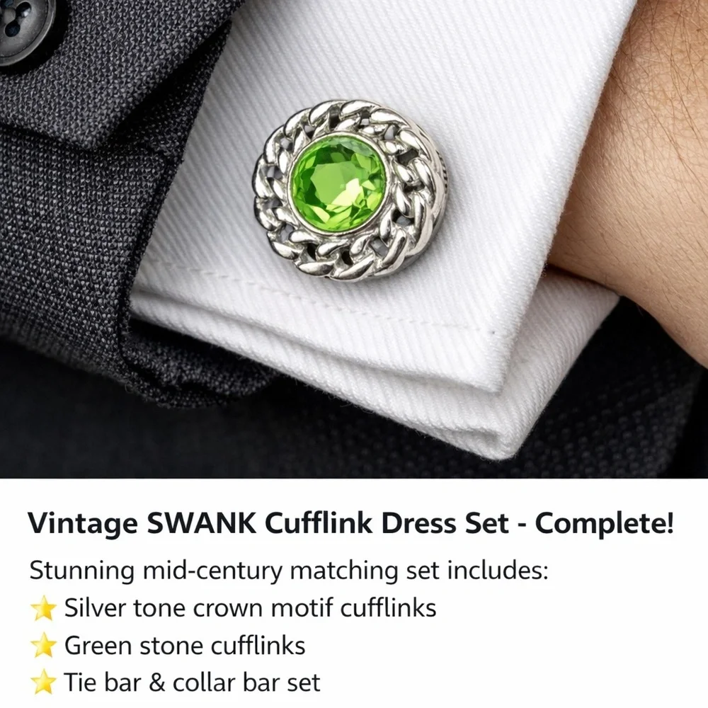 Vintage SWANK Crown Motif Cufflink Dress Set–Tie Bar & Collar Bar – Mid Century